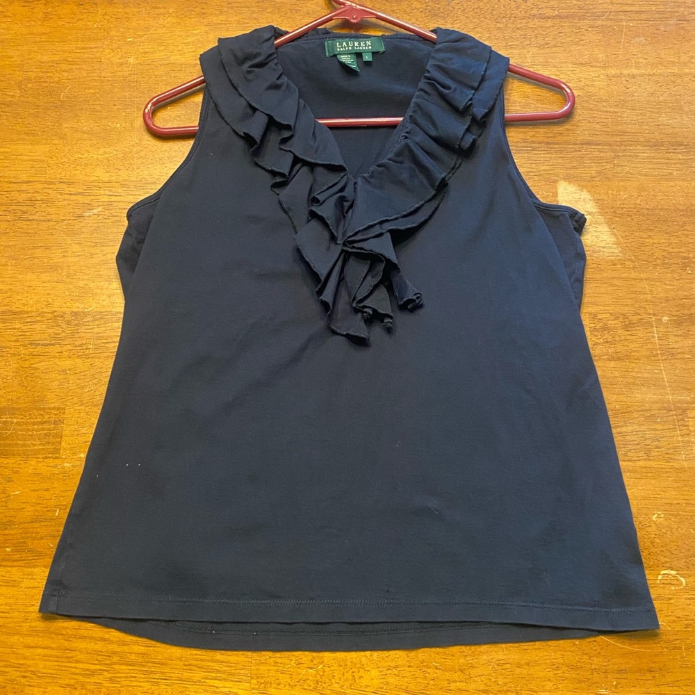 Lauren Ralph Lauren Navy Ruffle V-Neck Sleeveless Top